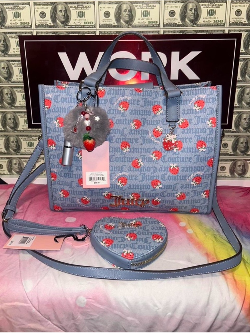 ***Sold***Juicy Couture Dusty Blue Tote with Red Strawberry Print and charms